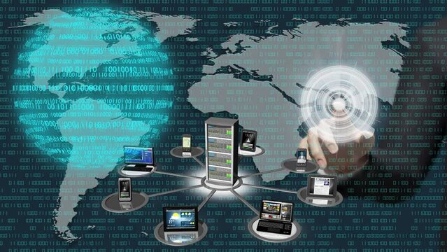 Filmato. Illustrazione 3D. Sfondo mondo digitale. Sequenza di zero e uno concetto di connessione globale tra persone, social network, e dispositivi informatici.