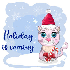 Cute cartoon cat in a Santa hat on a background of snow. Winter 2023, Christmas and Chinese New Year.