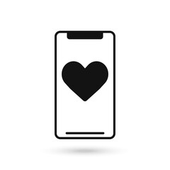 Mobile phone flat design icon with heart sign.