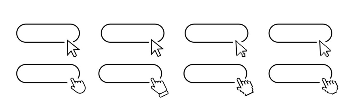 Mouse Cursor Clicking On Frame. Hand Pointer Clicking Icons. Click Here Web Button Sign. Isolated Website Link Icon With Hand Finger Arrow Clicking Cursor. Vector