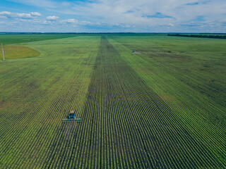 A tractor harrows a green field. Aerial view of farmer tractor ploughing in field