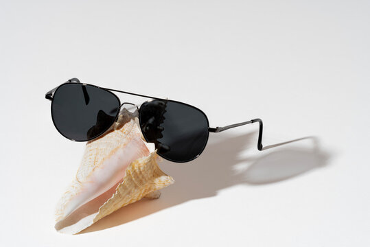 Paris, France - 07 11 2022: still life. Studio shot of sunglasses and a shell