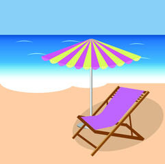 Vector of a chair on the beach and parasol. Beach umbrella and two chaise longues. Resort beach. Vocations concept.