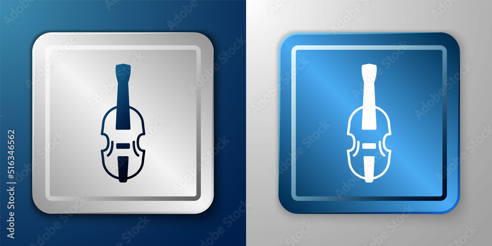 Wall mural White Violin icon isolated on blue and grey background. Musical instrument. Silver and blue square button. Vector