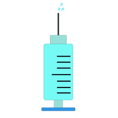 Vector of cartoon syringe with drops of vaccine spraying fromt the needle. Syringe icon.