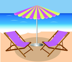 Vector of two chairs on the beach and parasol. Beach umbrella and two chaise longues. Resort beach. Vocations concept.