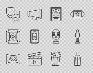 Set line Screen tv with 4k, Paper glass water, CD disk award in frame, Movie clapper, Comedy and tragedy masks, Buy cinema ticket online, Popcorn cardboard box and trophy icon. Vector