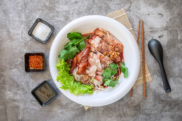 Pork Knuckle Noodles Soup with seasoning From Top Angle View on Grey Table.