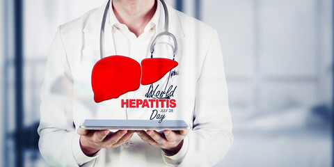 Male doctor show world hepatitis day text on tablet - obrazy, fototapety, plakaty