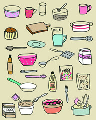 Kitchen accessories, cake baking tools stickers. doodles set.