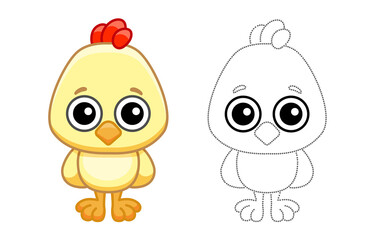 Farm animal for children coloring book. Vector illustration of funny chicken in a cartoon style. Trace the dots and color the picture
