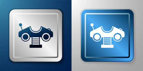 White Swing car on the playground icon isolated on blue and grey background. Childrens carousel with car. Amusement icon. Silver and blue square button. Vector