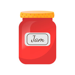 Glass Jar with raspberries or strawberries jam and and sticker label. Vector Illustration isolated on white background.