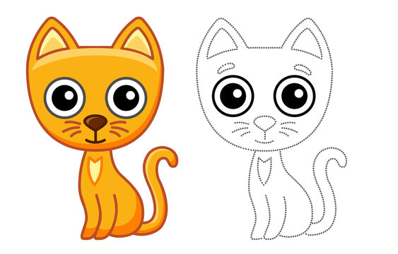 Pet animal for children coloring book. Vector illustration of funny cat in a cartoon style. Trace the dots and color the picture