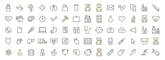 Outline icons set. Pediatric hospital clinic and medical care. Vector.
