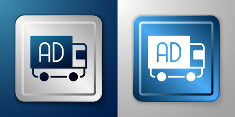 White Advertising on truck icon isolated on blue and grey background. Concept of marketing and promotion process. Responsive ads. Social media advertising. Silver and blue square button. Vector