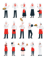 illustration of male and female chef characters in various poses wearing chef uniforms and utensils. Color Editable Eps 10.