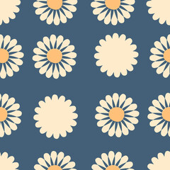 Abstract seamless pattern with daisy flowers in 1960 style. Floral aesthetic print for fabric, paper, stationery. Retro vector illustration for decor and design.