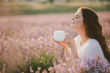 Young beautiful woman in white dress drinking herbal tea in lavender field.
