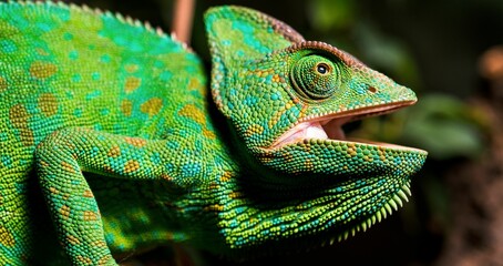 Closeup portrait of a beautiful Chameleon in green color