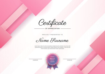 Modern elegant blue and pink certificate of achievement template with badge and border. Designed for diploma, award, business, university, school, and corporate.