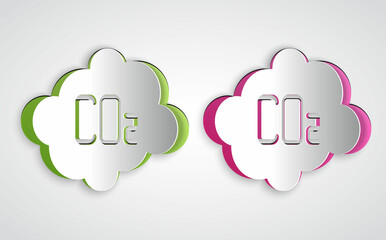Paper cut CO2 emissions in cloud icon isolated on grey background. Carbon dioxide formula, smog pollution concept, environment concept. Paper art style. Vector