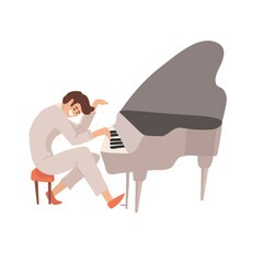 Vector illustration of happy inspired pianist in formal suit playing classic piano keyboard over white background. Live concert of classical music by talented musician. Performance of artist.