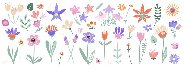 Seamless pattern of various colorful spring flowers, branches and foliage over white background. Vector artwork with collection of botanical elements for printing. Folk scandinavian style.