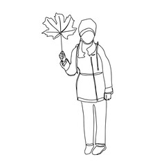Girl with autumn maple leaf. One line vector illustration