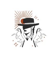 Hand drawn abstract vector graphic clipart illustration boho cowgirl in hat portrait.Western female design concept.Bohemian wild west contemporary art.Cowboy girl modern drawing.American cowgirl logo.