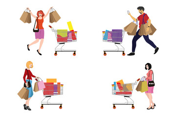people are shopping. cartoon happy people with shopping cart