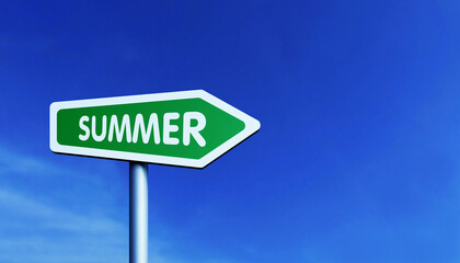 Road green arrow with the inscription Summer, against the blue sky