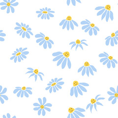Obraz premium Groovy daisy retro seamless pattern. 70s vibe hippie ornament. Floral wallpaper.