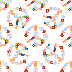Peace symbol floral retro 70s seamless pattern. Clockwork design in the style of the seventies.
