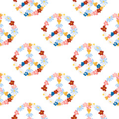 Peace symbol floral retro 70s seamless pattern. Clockwork design in the style of the seventies.