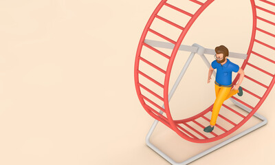 Office worker running in a loop on a hamster wheel. Business rat race concept. 3D Rendering