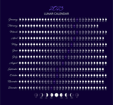 2023 year moon calendar with lunar phases and cycles. Monthly cycles planner on night blue sky backdrop, astrology or astronomy poster, banner, card design template vector illustration