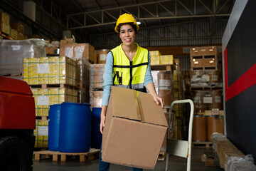 Women warehouse employee worker enjoy working with friend at workplace, teamwork concept.