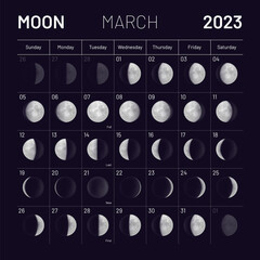 March lunar calendar for 2023 year, monthly cycle planner. Astrological schedule with lunar phases and cycles on black night background vector illustration