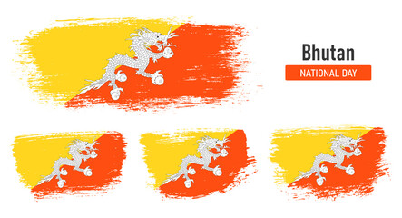 Textured collection national flag of Bhutan on painted brush stroke effect with white background