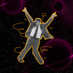 Contemporary art collage. Dancing man in retro style costume moves isolated over dark space...