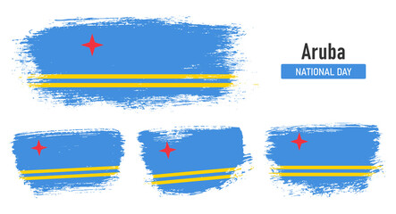 Textured collection national flag of Aruba on painted brush stroke effect with white background