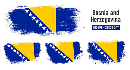 Textured collection national flag of Bosnia and Herzegovina on painted brush stroke effect with white background
