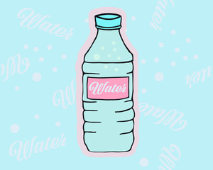 Water bottle illustrated sticker. seamless blue background.