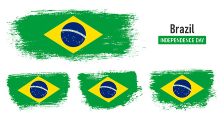 Textured collection national flag of Brazil on painted brush stroke effect with white background