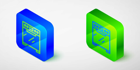 Isometric line Oven icon isolated on grey background. Stove gas oven sign. Blue and green square button. Vector