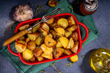 Slices of fried or baked potato wedges with herbs and spices in frying pan copy space
