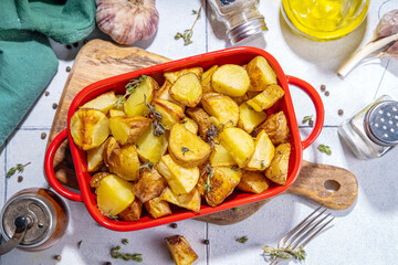 Slices of fried or baked potato wedges with herbs and spices in frying pan copy space