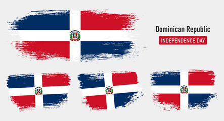 Textured collection national flag of Dominican Republic on painted brush stroke effect with white background