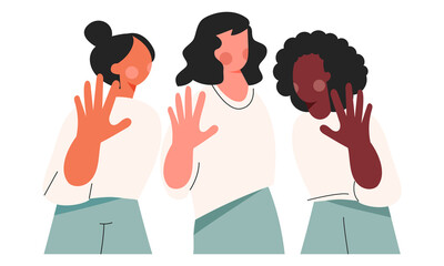 Women power protest against gender violence and harassment. Girls diverse team show stop gesture. Female community, sisterhood, activist people together. Women cooperation flat vector illustration - obrazy, fototapety, plakaty